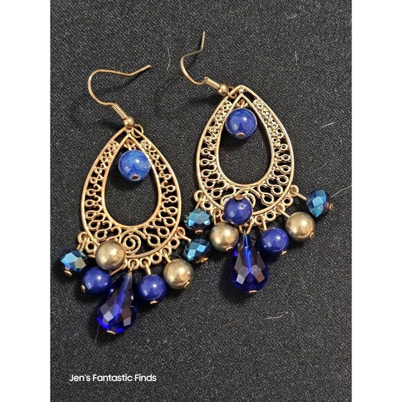 Vintage Style Teardrop Earrings With Blue & Gold Beads - Picture 2 of 4